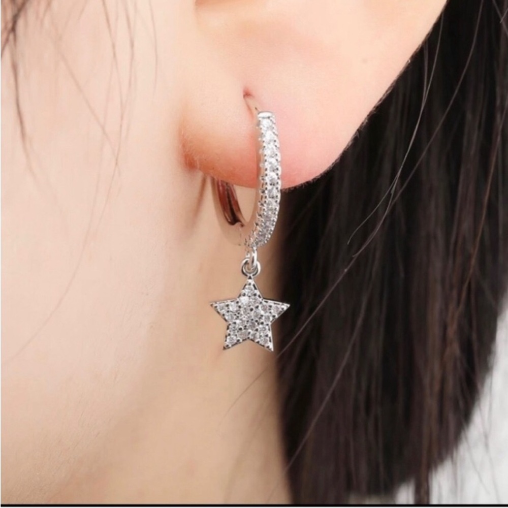 New gold celestial moon planet stars hoop charm Sim diamond earrings - Picture 3 of 5
